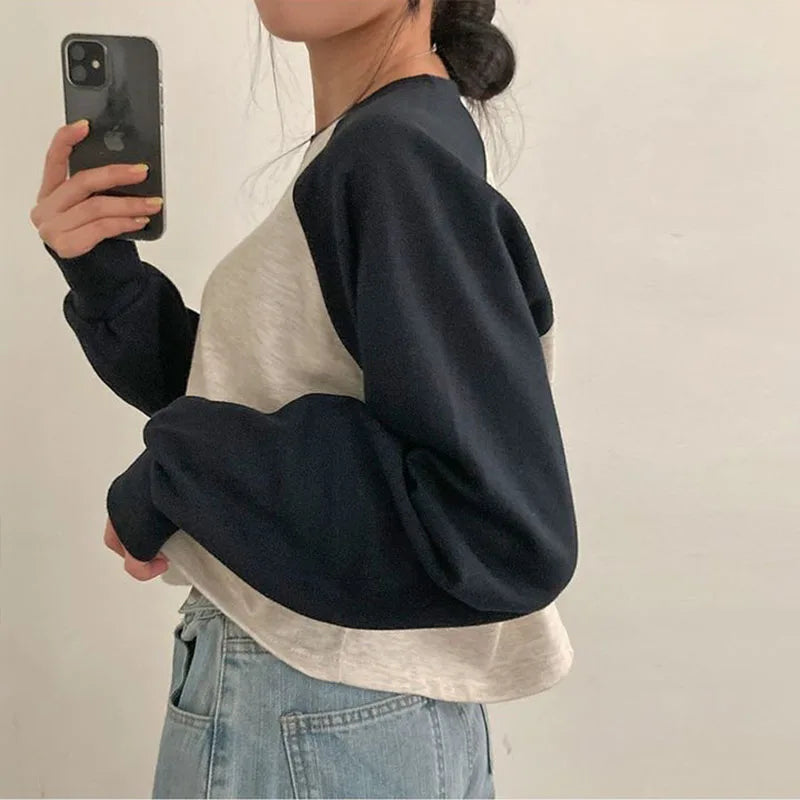Women Spring Cotton Version Patchwork Tops Long Sleeve Sweet Loose Korean Style Leisure All-match Students