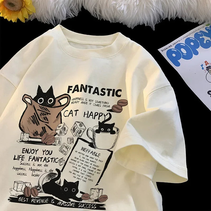New Women T Shirt Pullover Oversize Korean version Cartoon Cat Group Printed T-Shirt Casual Short Sleeve Couples T-Shirt