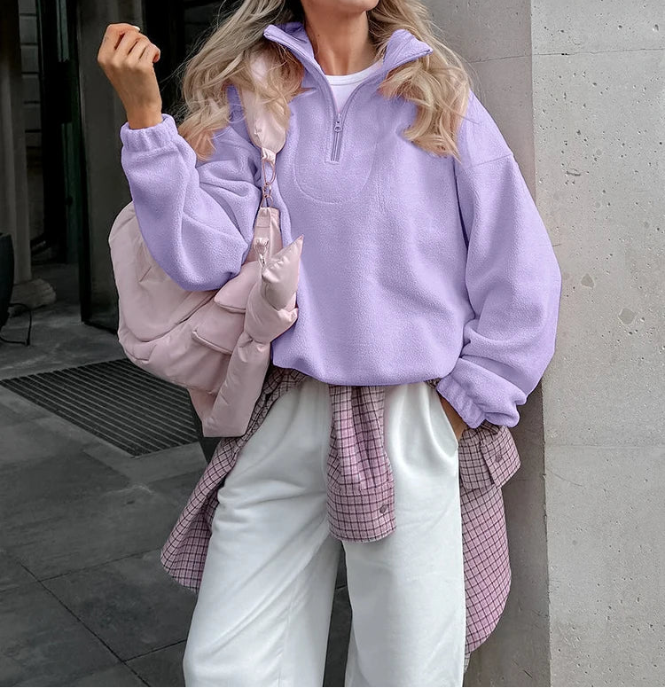 Women Autumn Winter Fleece Hoodies Elegant Stand Collar Zipper Loose Sweatshirt Elegant Solid Pullover Casual Top Streetwear