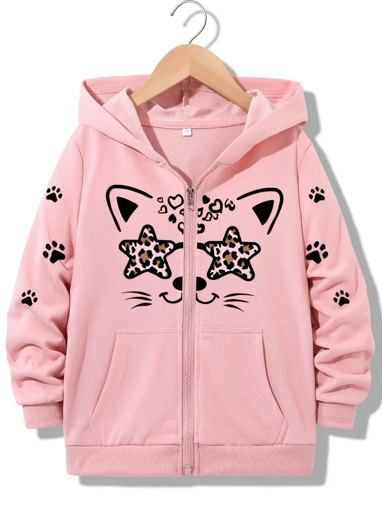 Girls Zip Up Hooded Jacket Leopard Star Eyed Cat Paw Heart Print