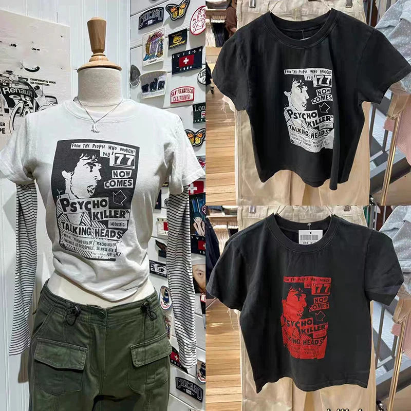 Vintage T Shirt Women Casual Summer White Round Neck Short