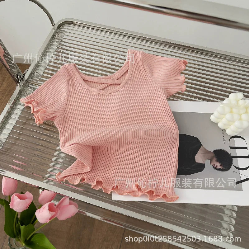 Children Short Sleeved Thin Soft Tops Simple Solid Color Casual Kids