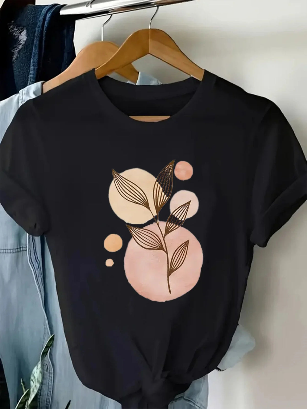 T-Shirt Casual Trendy Leaf and Flower Design Print Crew Neck Tops Graphic Vintage