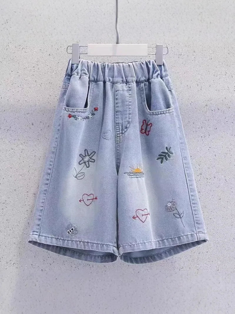 Cute Embroidery Denim Knee-length Shorts for Girls
