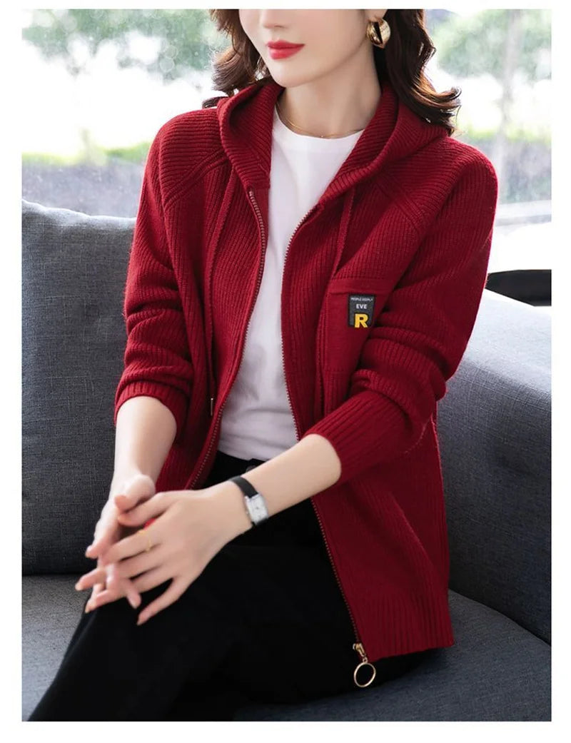 Fall/Winter New Knitted Cardigan Coat Women Hooded  Jacket Fashion
