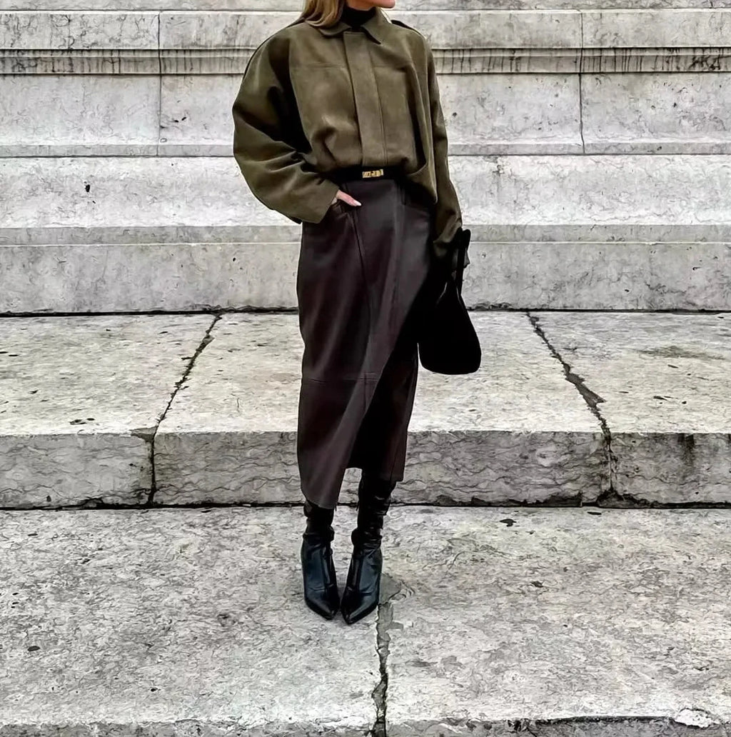 Women Suede Textured Jacket Long Sleeve Lapel Collar Loose Coats Casual Female Outerwear Chic Tops