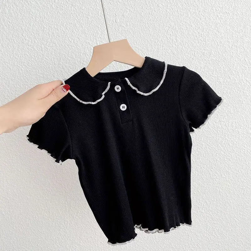 Girls' Summer Short-Sleeve T-Shirt Children Little Doll Collar Top Baby Summer Thin Half-Sleeve Base Shirt