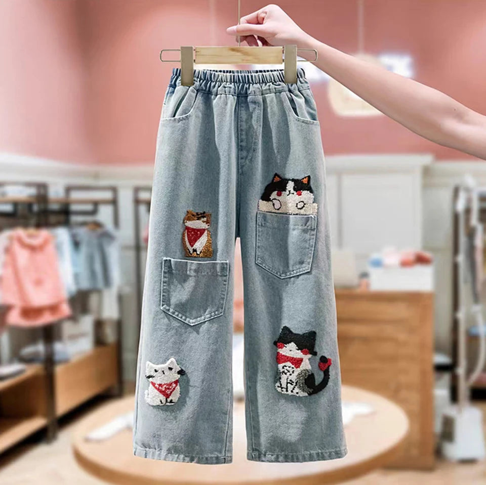 Girls Cat Embroidery Jeans