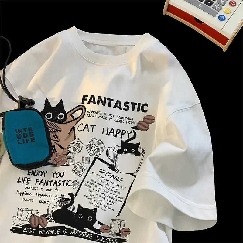 New Women T Shirt Pullover Oversize Korean version Cartoon Cat Group Printed T-Shirt Casual Short Sleeve Couples T-Shirt