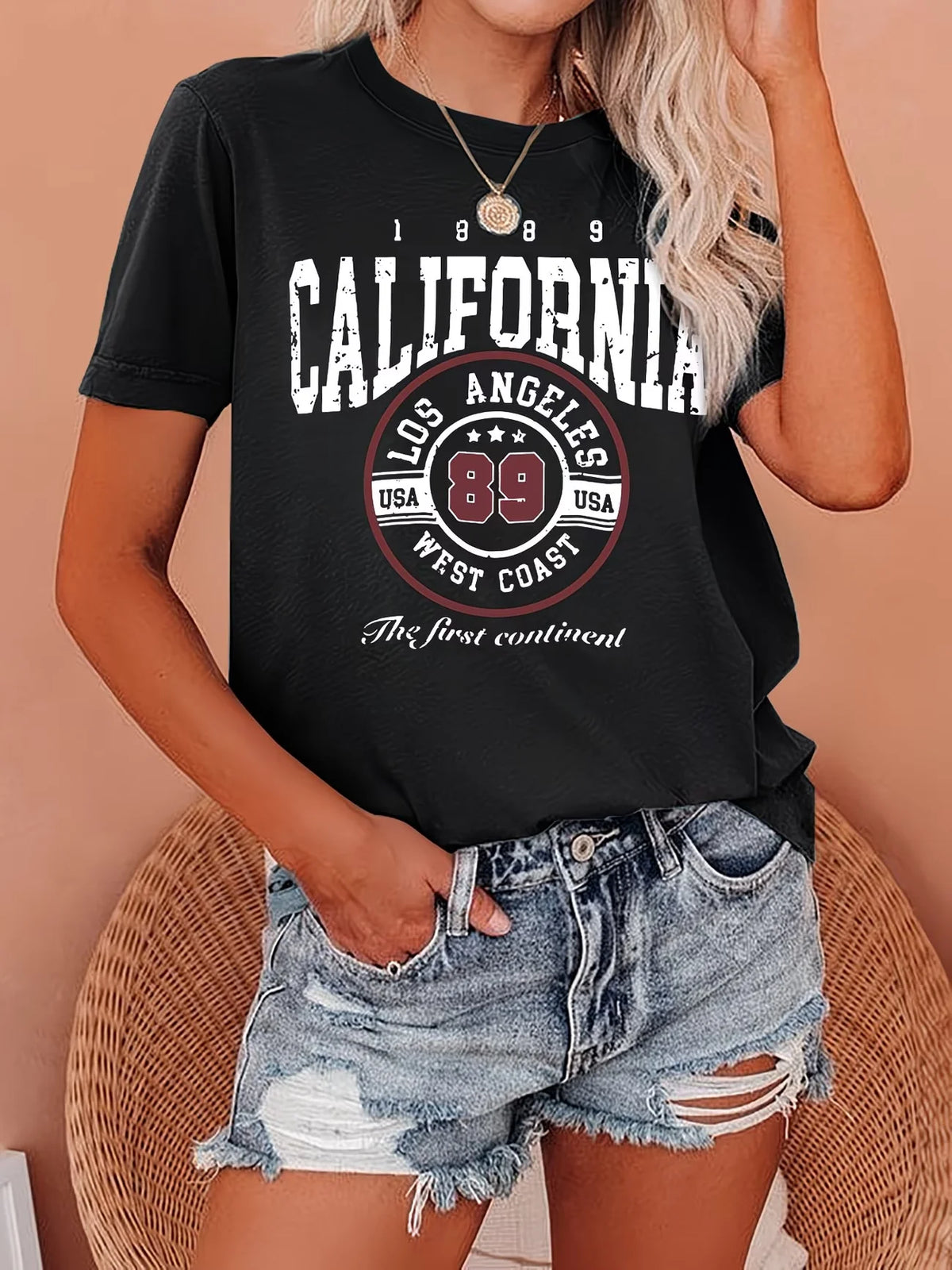 Crew Neck Short Sleeve Retro American Style California Los Angeles 89 Letter Print T Shirt Women's Outfits Casual Streetwear