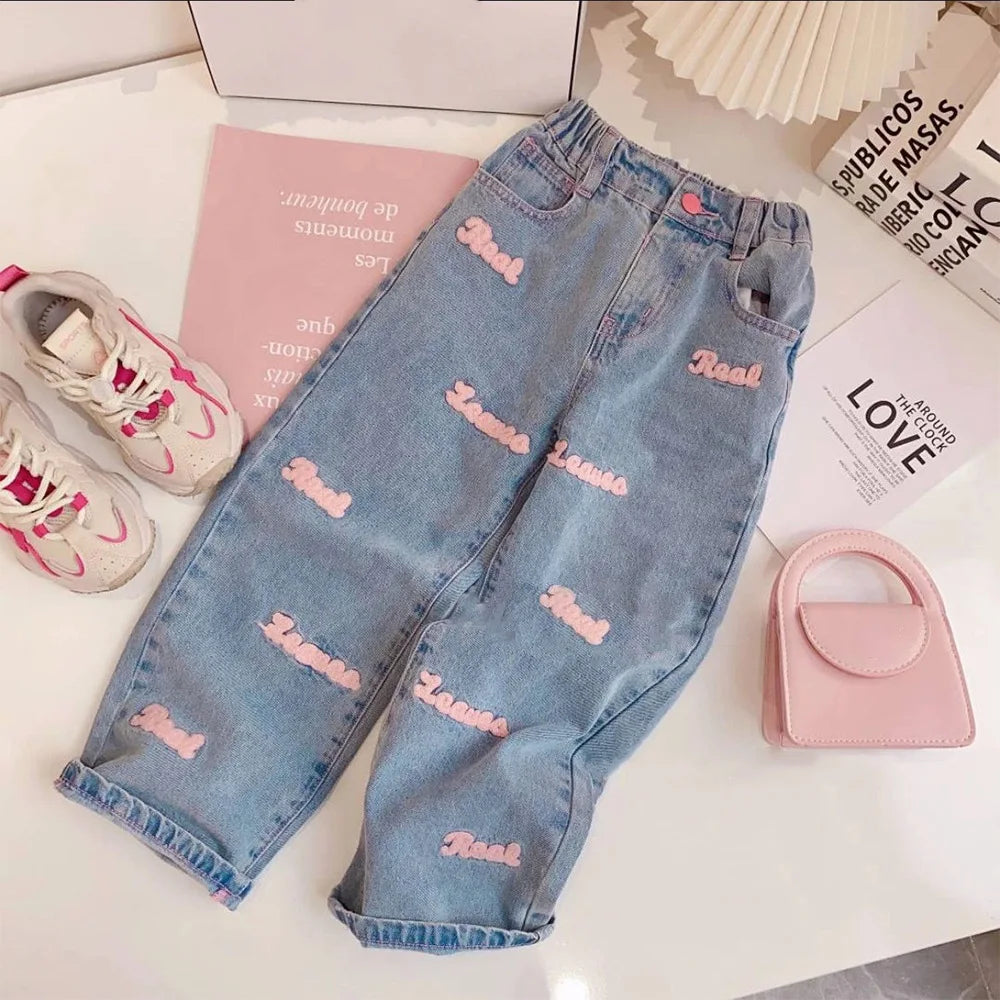 2 pcs  Girls Clothing Set Solid Color Long Sleeve Top+Letter Print Wide Leg Jeans