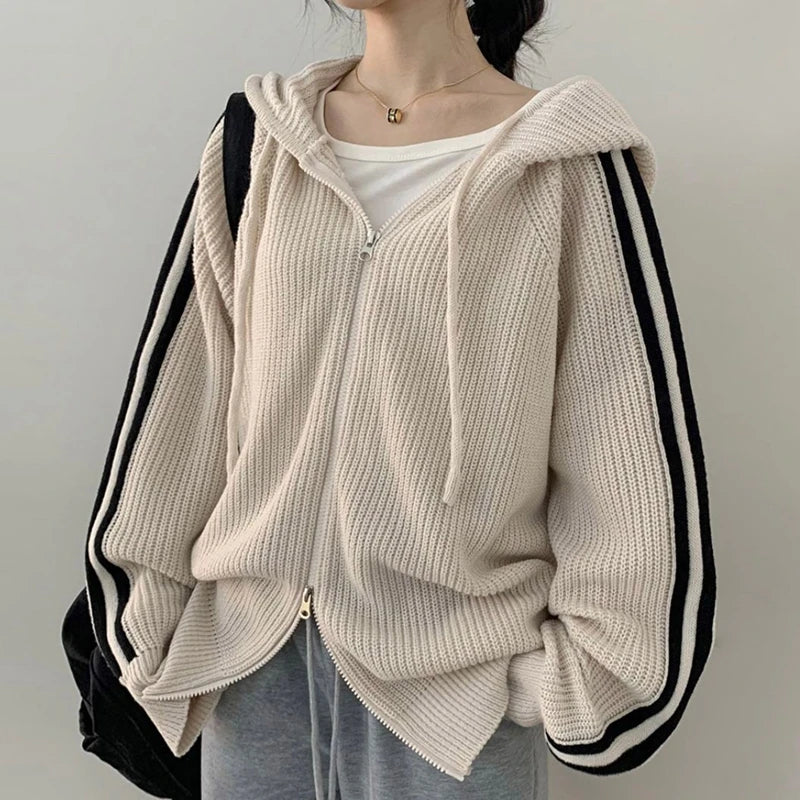 Double Zipper Knitted Cardigans Women Autumn Winter Thicken Warm Hooded Sweater