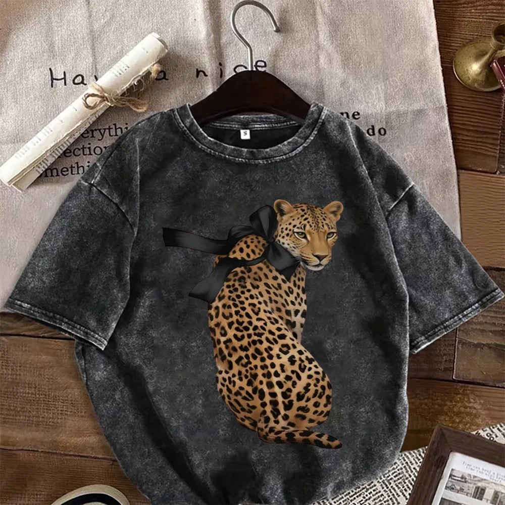 Vintage Washed Black Oversized T-Shirt Stylish Leopard Print Streetwear Casual Cotton