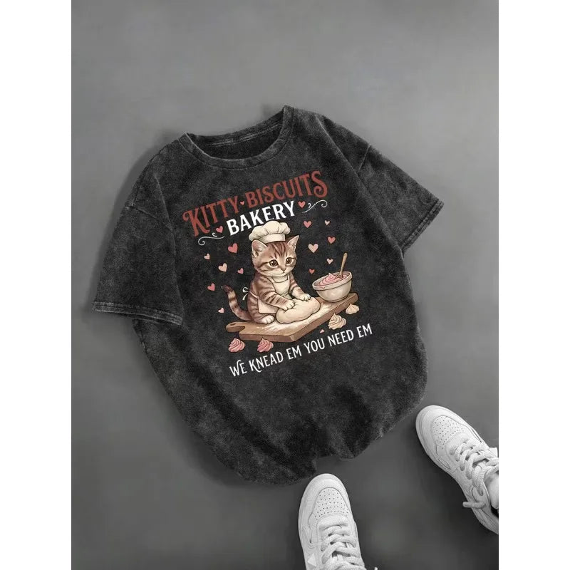 Cat Print T-Shirt Funny Mental Health Graphic Casual Crew Neck
