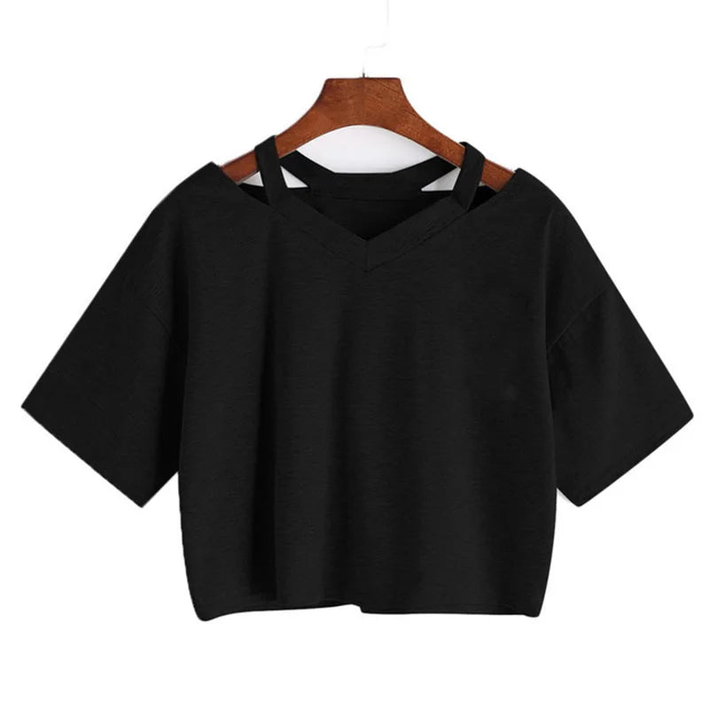 Women's Graphic Short Sleeve V-neck Cropped T Shirt 90s Vintage Tshirt Woman