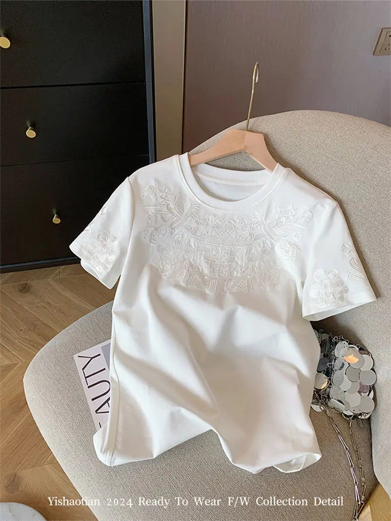 Women Clothing Summer Fashion Vintage Embroidery White Cotton Basic T Shirt Female Simple Casual O Neck Short Sleeve Loose Tops
