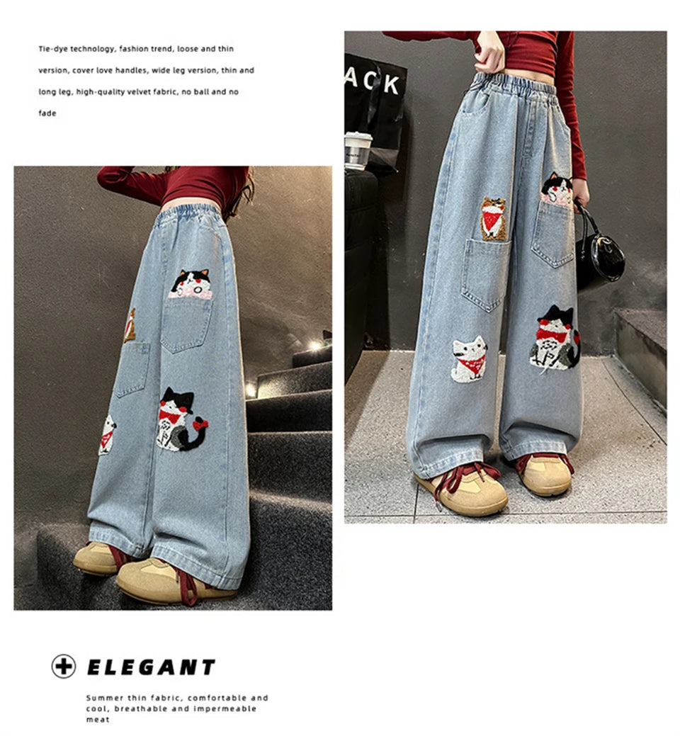 Girls Cat Embroidery Jeans