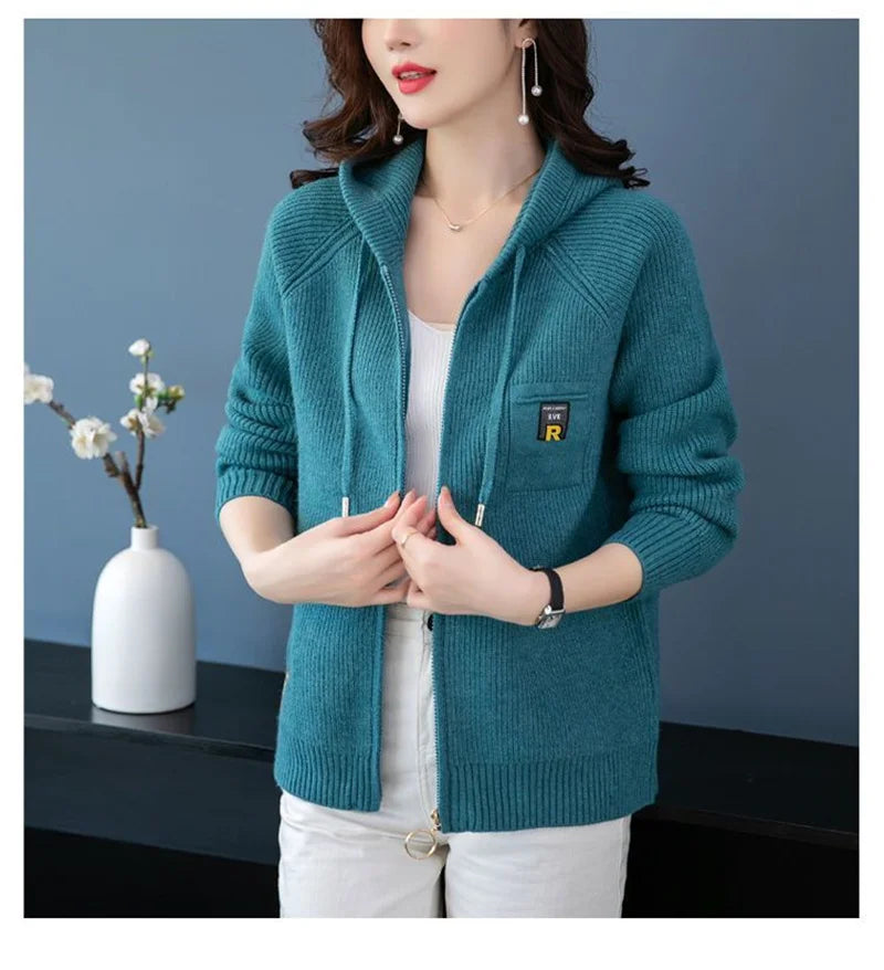 Fall/Winter New Knitted Cardigan Coat Women Hooded  Jacket Fashion