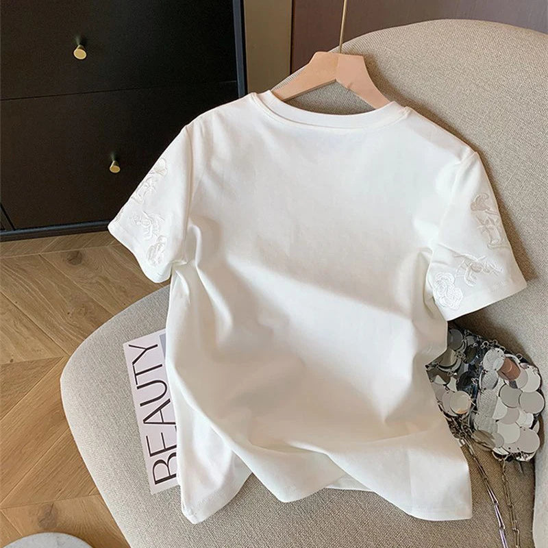 Women Clothing Summer Fashion Vintage Embroidery White Cotton Basic T Shirt Female Simple Casual O Neck Short Sleeve Loose Tops