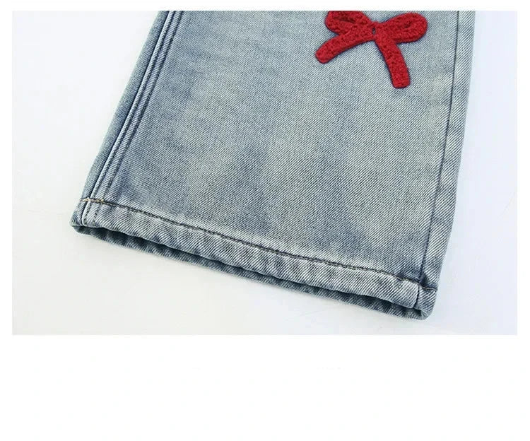 Girls Loose Wide-leg Jeans Soft Trousers Children Bowknot Embroidery Straight Denim Pants Spring Autumn Clothing 5-12 Years
