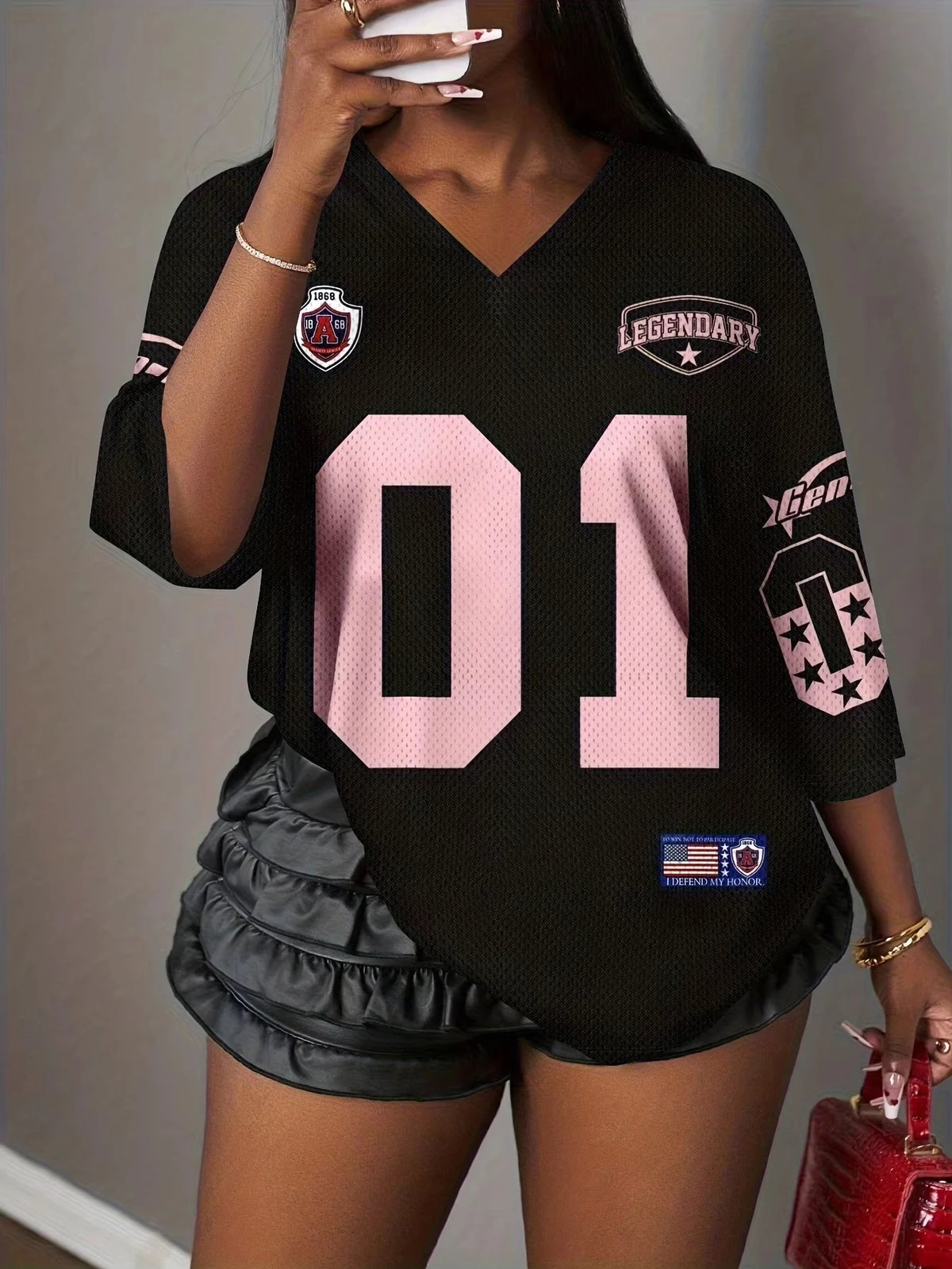T-shirt Number 01 Print Breathable Fabric Loose Summer Season Tops