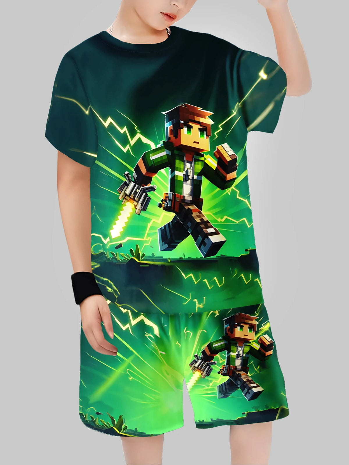 Block Man Digital Printing Casual Short + T-shirt Boys