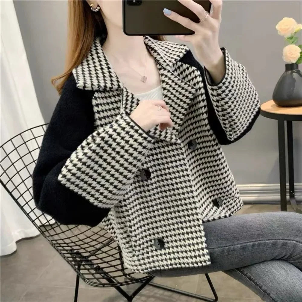Check Short Wool & Blends Jacket for Women Blazer Coats Woman Elegant Cold Outdoor