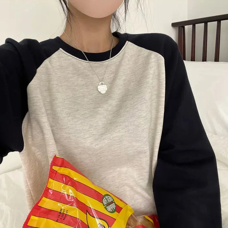 Women Spring Cotton Version Patchwork Tops Long Sleeve Sweet Loose Korean Style Leisure All-match Students
