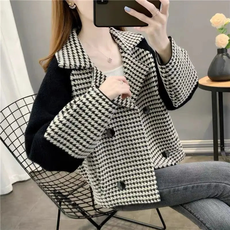Check Short Wool & Blends Jacket for Women Blazer Coats Woman Elegant Cold Outdoor