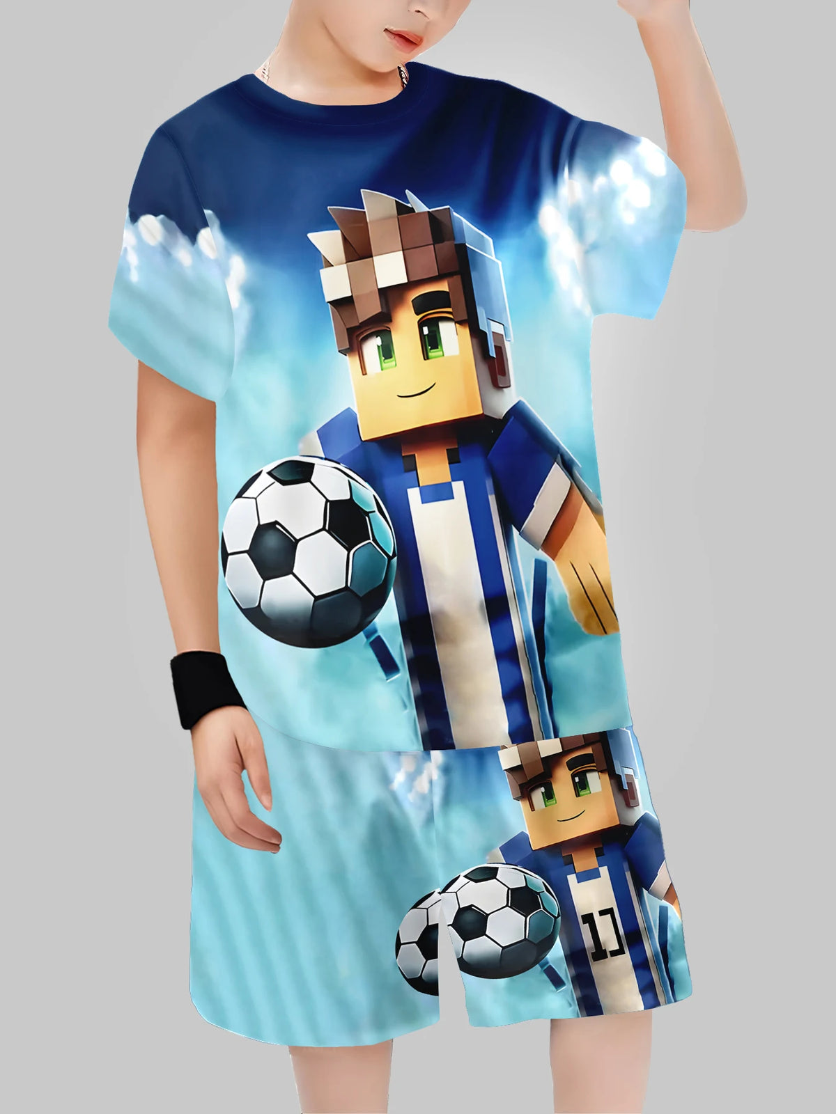 Block Man Digital Printing Casual Short + T-shirt Boys