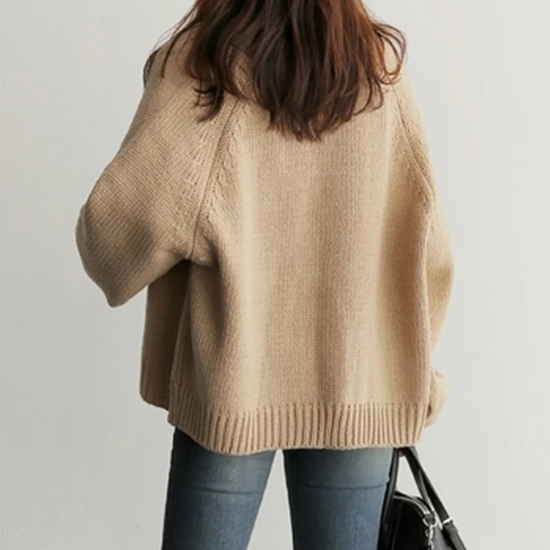 Autumn Fashion Women Loose Knitted Cardigan Short Sweater Jacket V Neck New Casual Office Solid Color Elegant Long Sleeve Coats