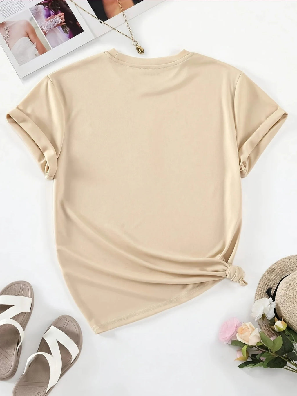 T-Shirt Casual Trendy Leaf and Flower Design Print Crew Neck Tops Graphic Vintage