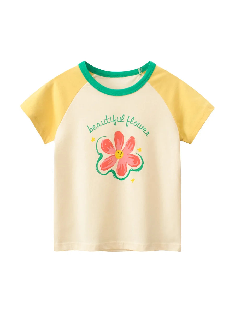 Toddler Kid Girls Cotton T Shirt Short Sleeve Infant Top Cartoon Flower
