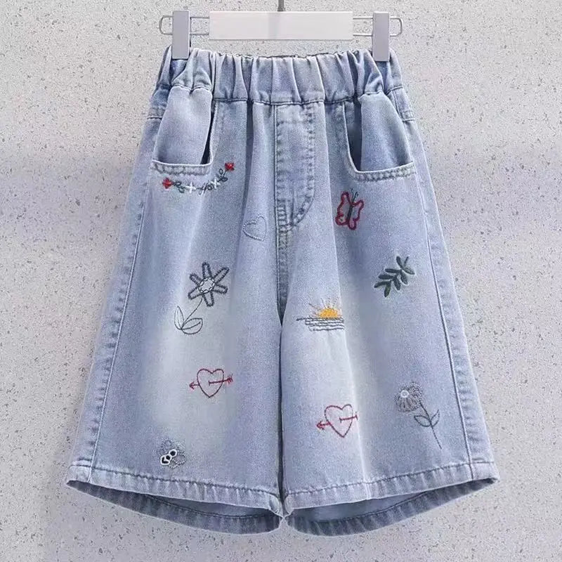 Cute Embroidery Denim Knee-length Shorts for Girls
