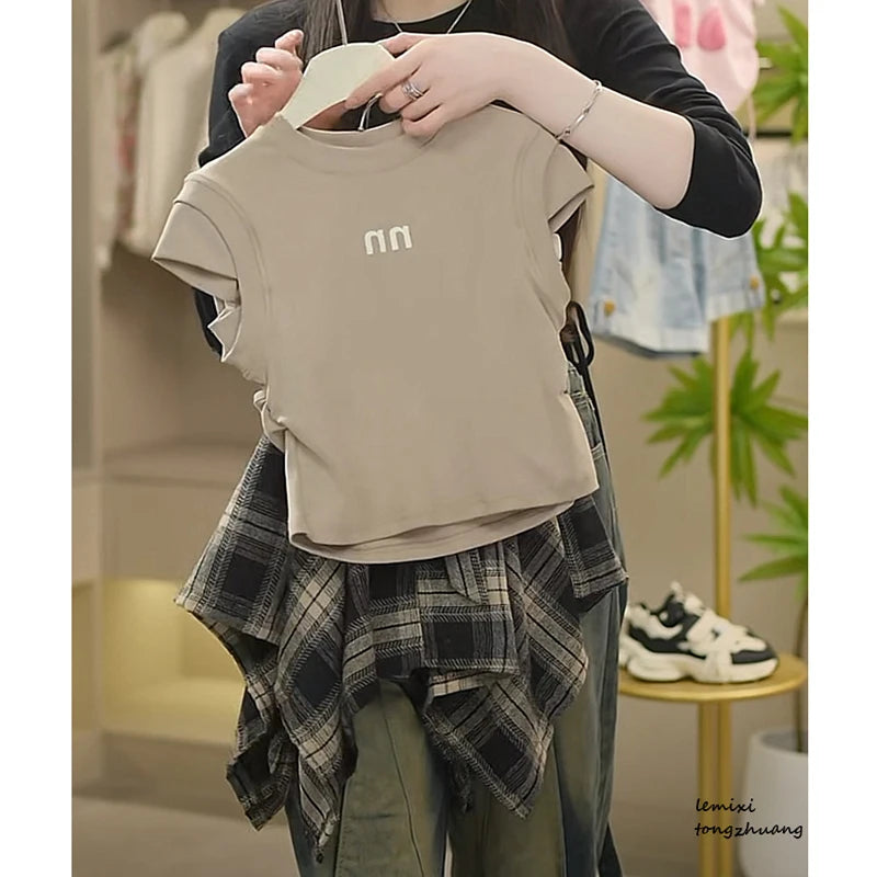 T-shirt+Plaid Irregular Skirt 2Pcs