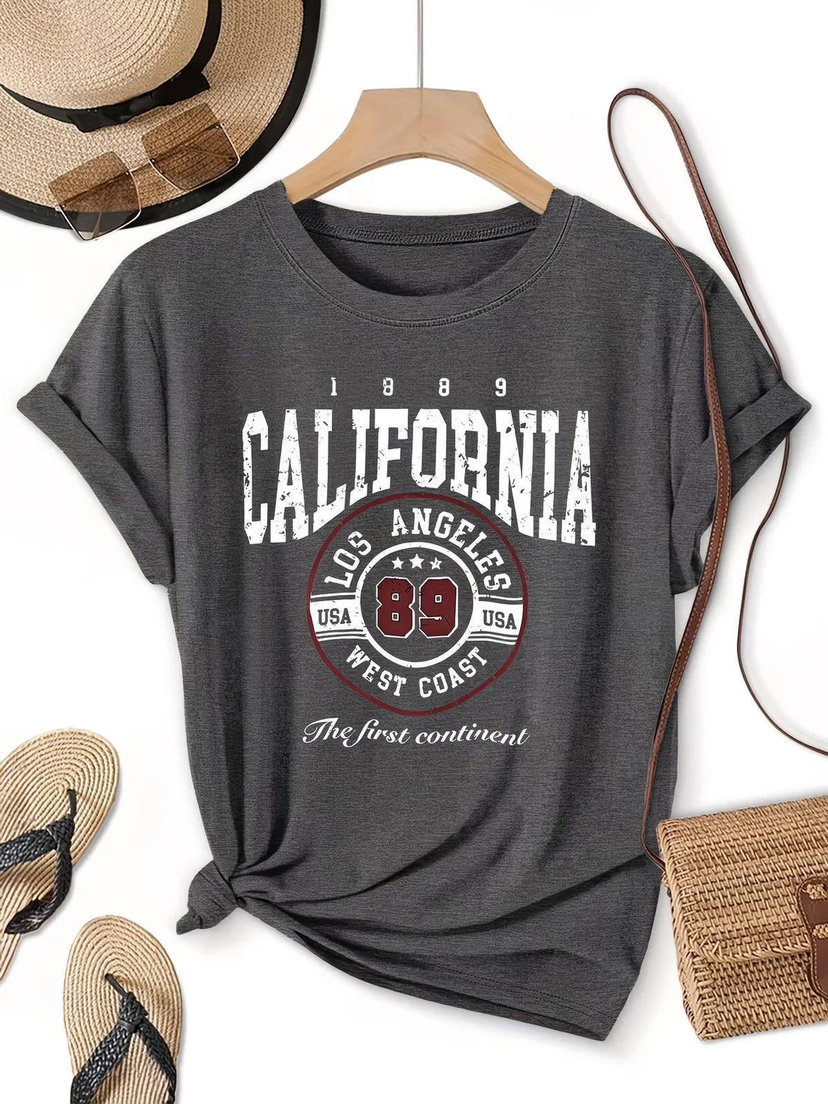 Crew Neck Short Sleeve Retro American Style California Los Angeles 89 Letter Print T Shirt Women's Outfits Casual Streetwear