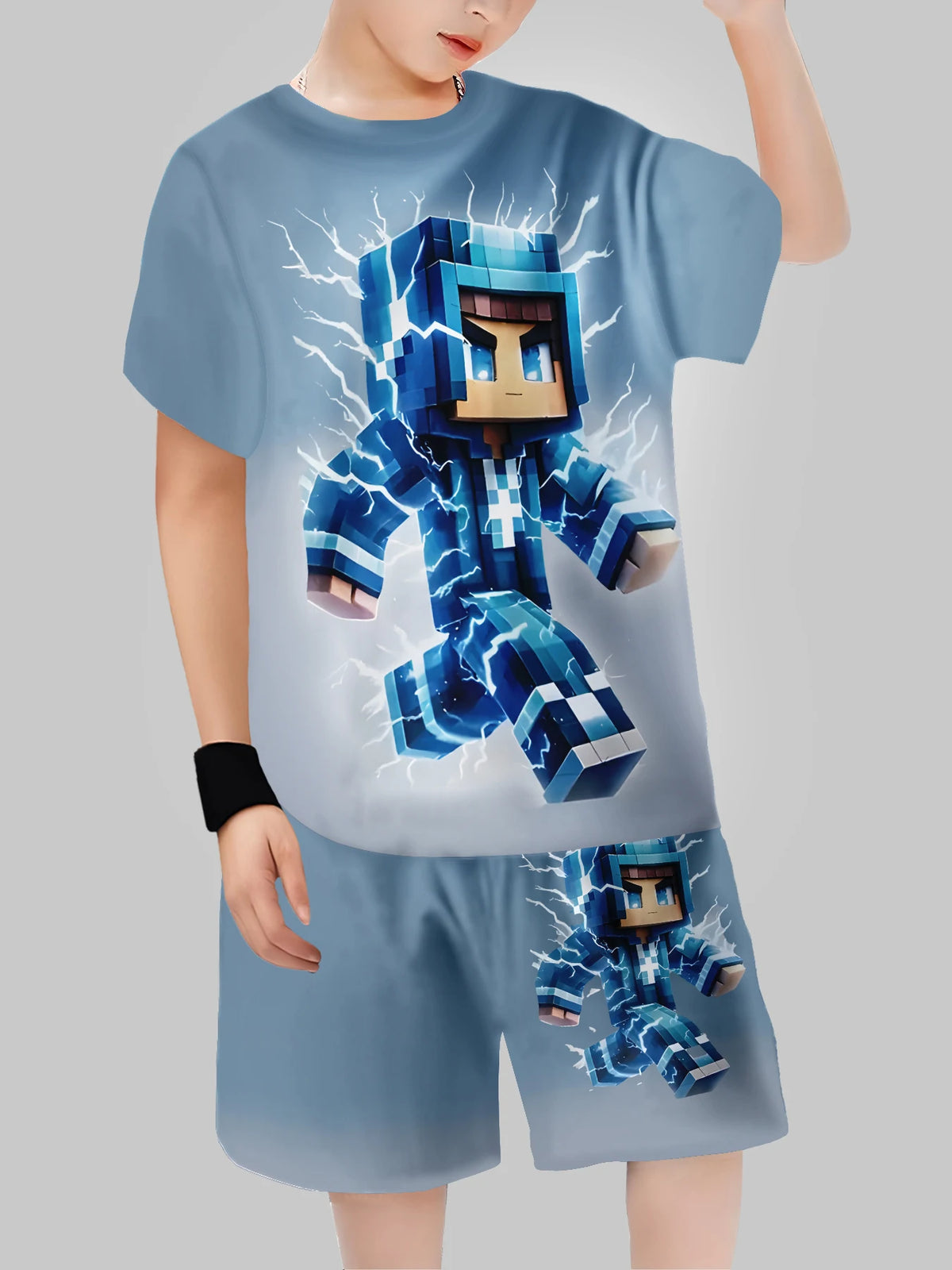 Block Man Digital Printing Casual Short + T-shirt Boys