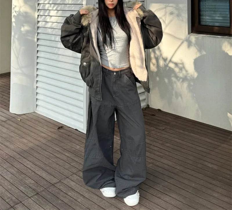 Hooded Parkas Thicken Padded Jackets Casual Zipper Gothic Women