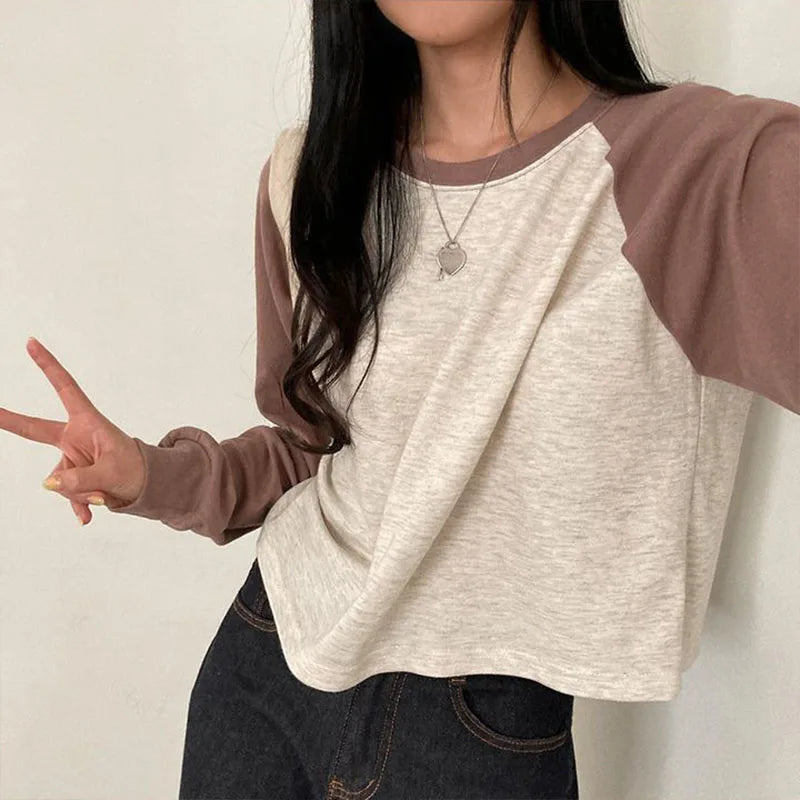 Women Spring Cotton Version Patchwork Tops Long Sleeve Sweet Loose Korean Style Leisure All-match Students