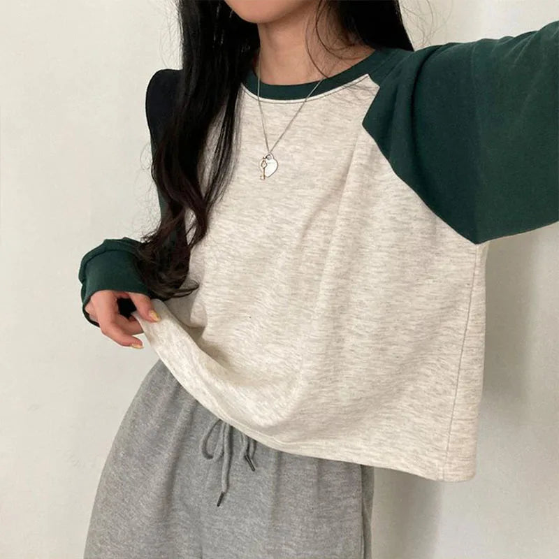 Women Spring Cotton Version Patchwork Tops Long Sleeve Sweet Loose Korean Style Leisure All-match Students