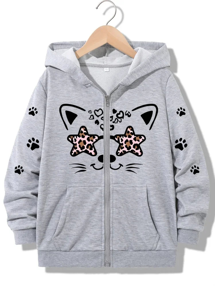 Girls Zip Up Hooded Jacket Leopard Star Eyed Cat Paw Heart Print