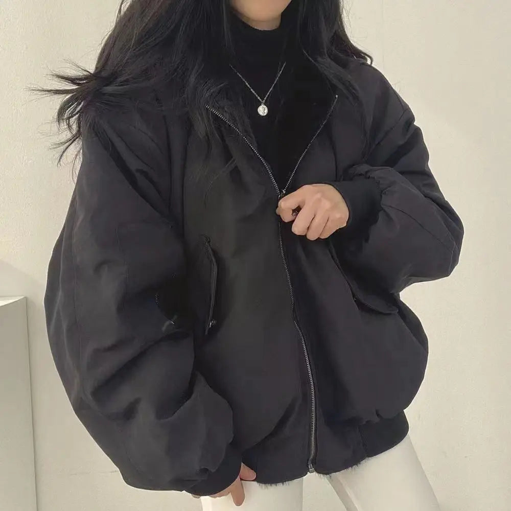 Fashion Double Sided Thicken Parkas Women Winter Warm Fleece Loose Coats Zipper Jacket