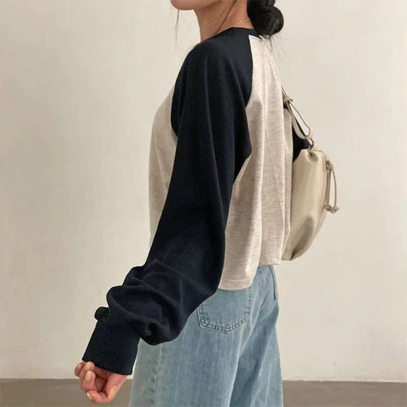 Women Spring Cotton Version Patchwork Tops Long Sleeve Sweet Loose Korean Style Leisure All-match Students
