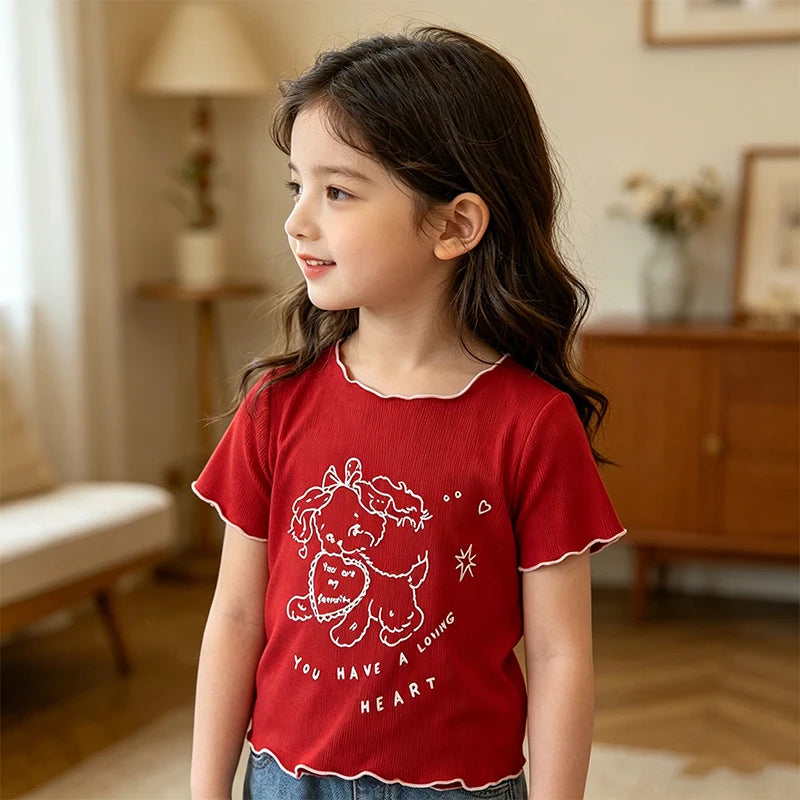 Girls Cartoon Print Ruffle Trim T-Shirt