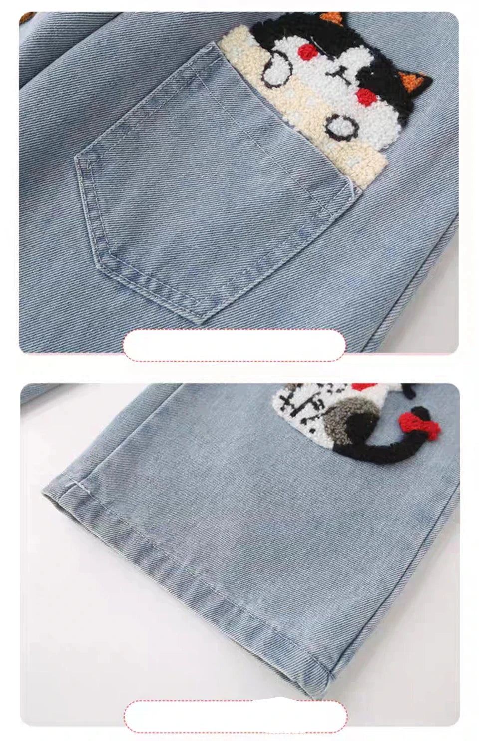 Girls Cat Embroidery Jeans