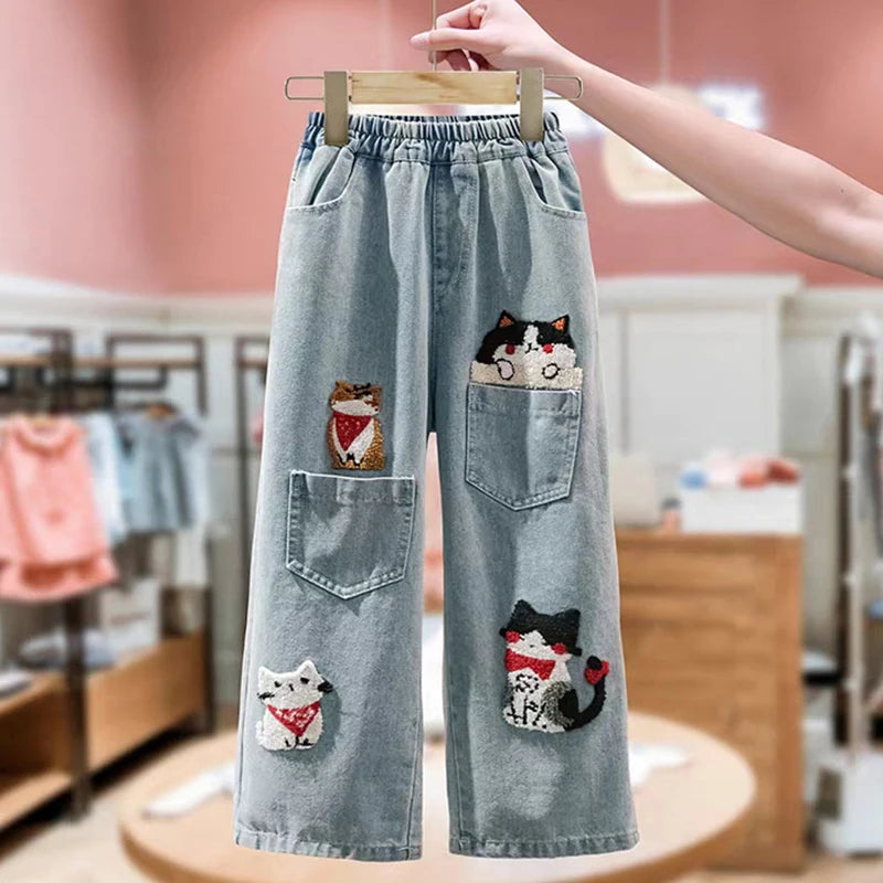 Girls Cat Embroidery Jeans