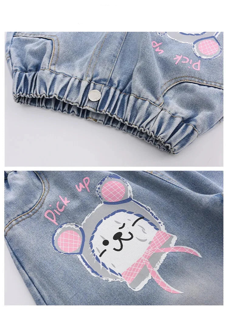 Girls' Cartoon Print Jeans Autumn Teenage Children's Fashion Wide Leg Denim Pants Kids Spring Outwear