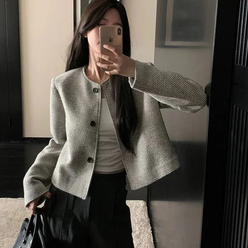 Fashion Short Jacket Women Single-Breasted Long Sleeve Tweed Outerwear