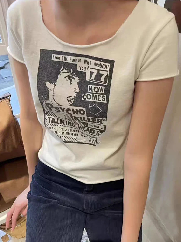 Vintage T Shirt Women Casual Summer White Round Neck Short