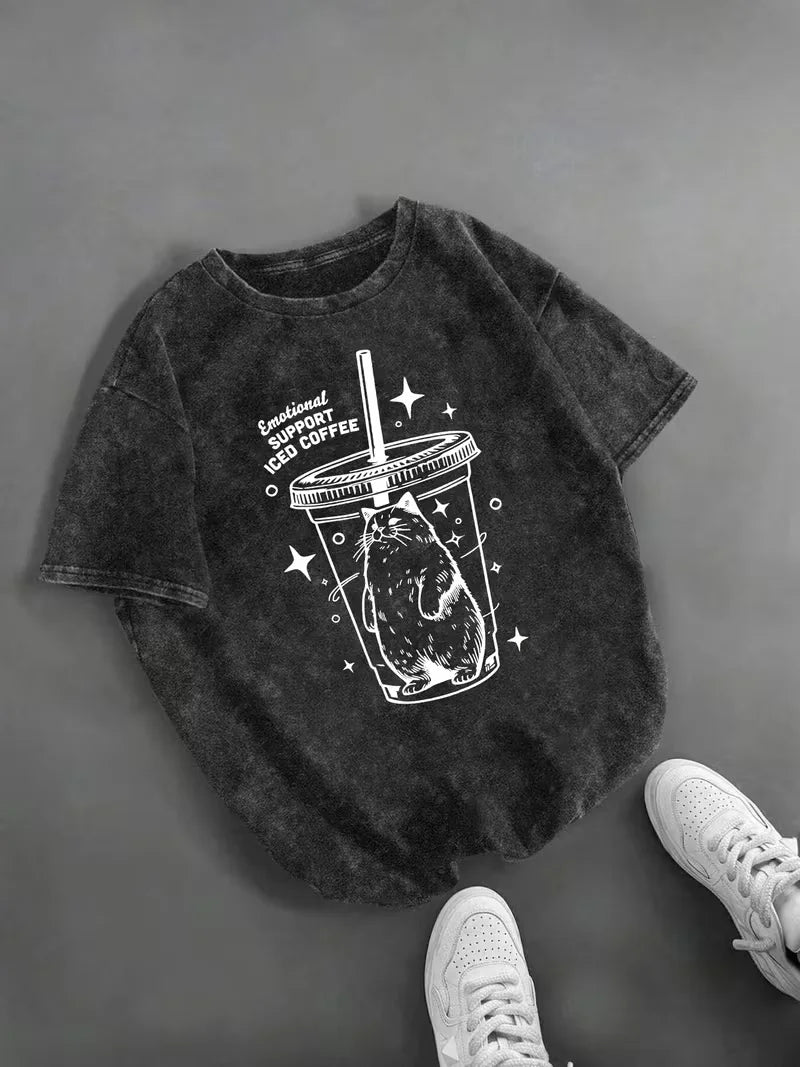 Cat Print T-Shirt Funny Mental Health Graphic Casual Crew Neck